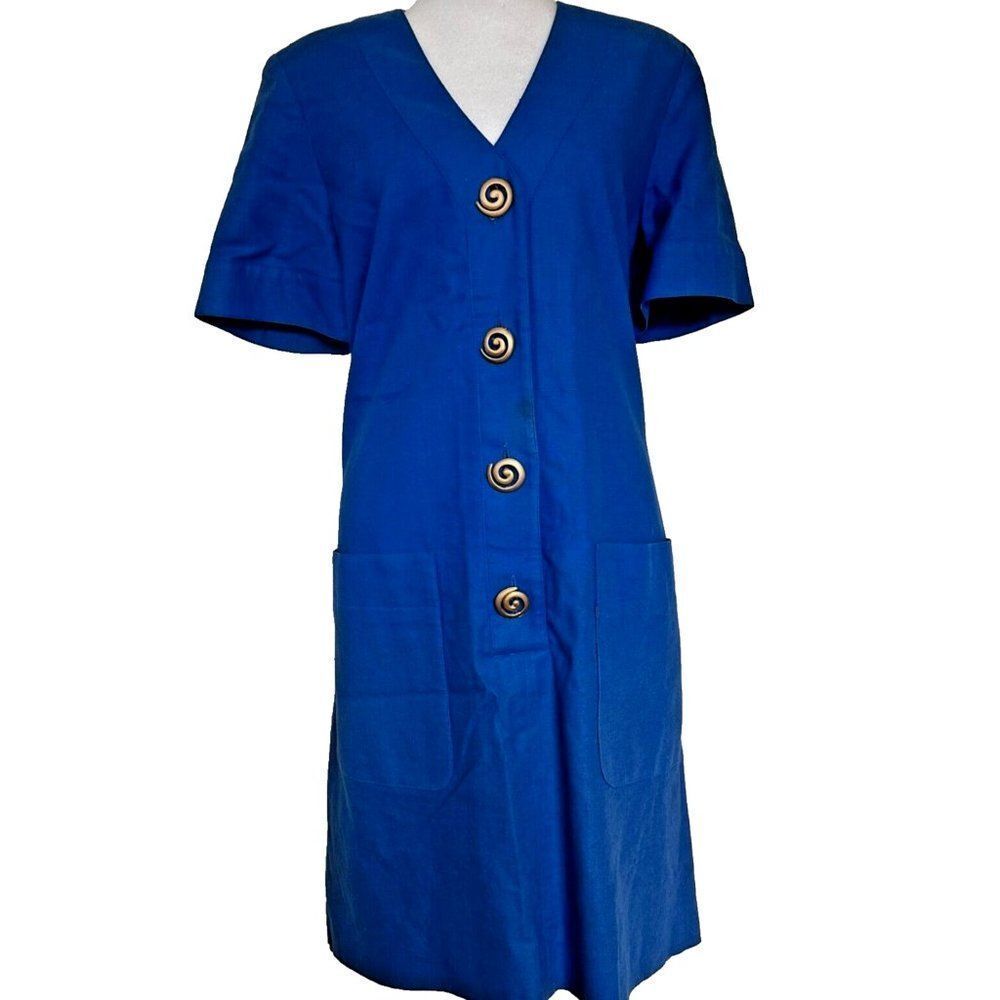 Vintage Button Front Midi Dress Size 10 Blue Statement Button Short Sleeve